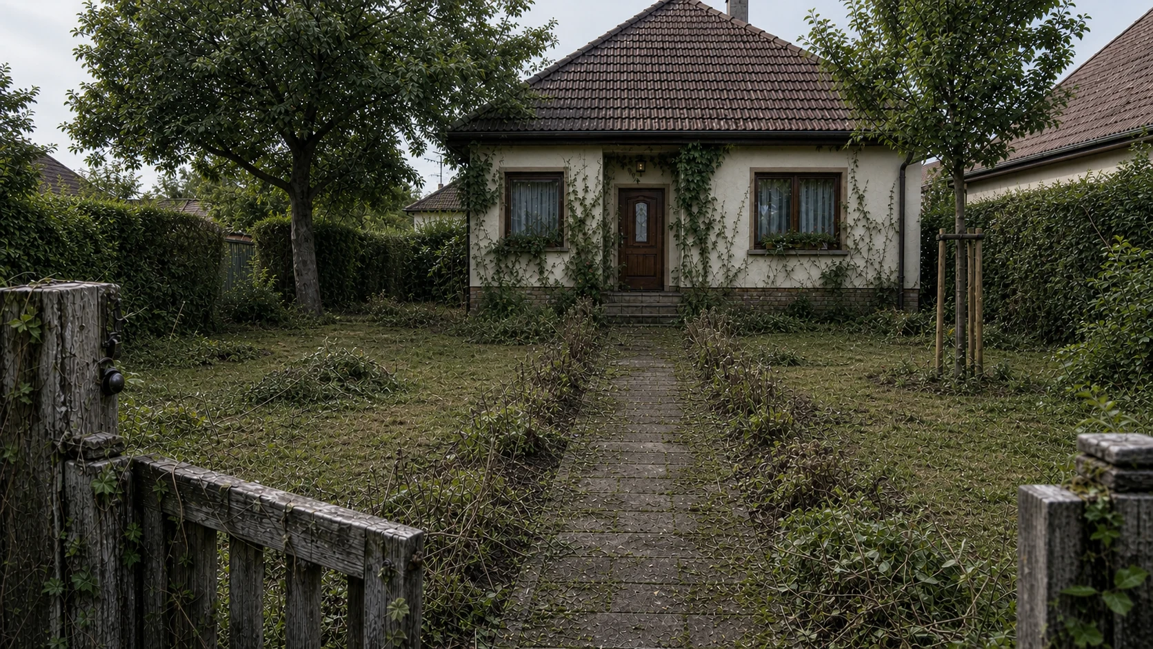 Kertfelújítás első szakasza visszavágott növényzettel és megtisztított kerti úttal